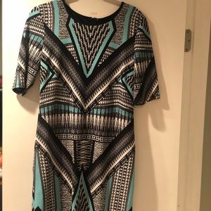 Printed dress. Body con blue green white